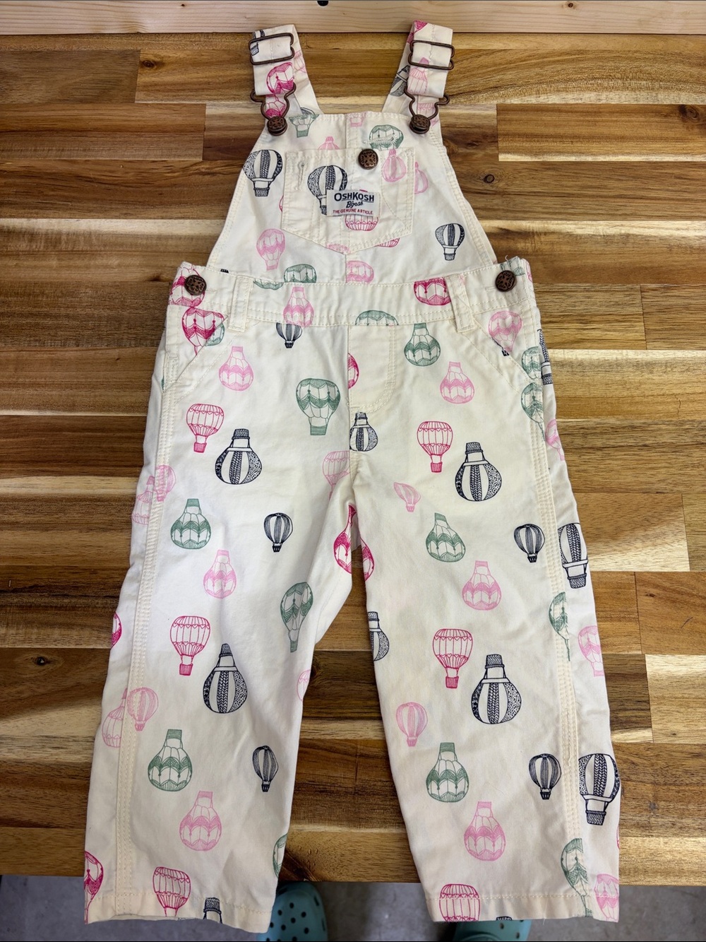 OshKosh B'gosh Cream Overalls with Pink, Green & Navy Balloon Print